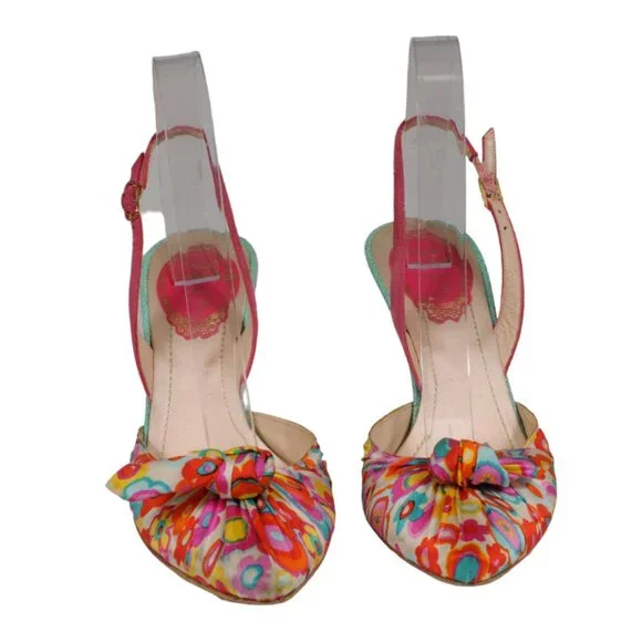 Rene Caovilla Womens Floral Fabric Slingback Pump US 7 EU 37 Pink Yellow Blue